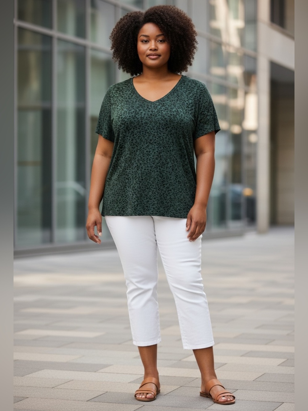 Reitmans Essentials, 2X Plus Size, Stretch V-Neck Top, Green & Black Print